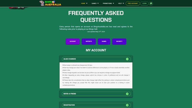 bingo-australia support screenshot