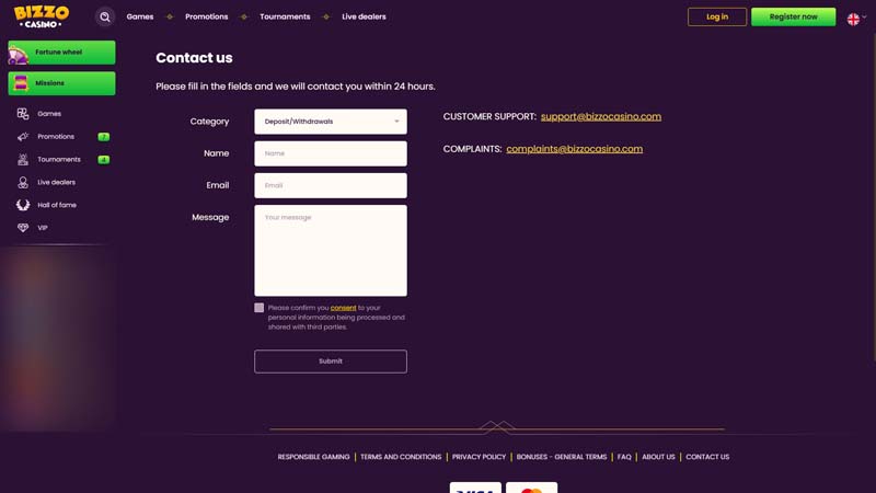 bizzo-casino support screenshot