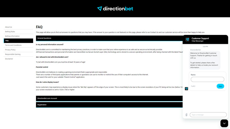 directionbet support screenshot