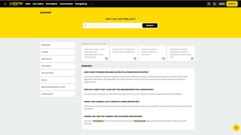 energycasino support screenshot