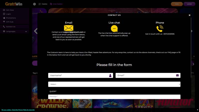 gratowin-casino support screenshot