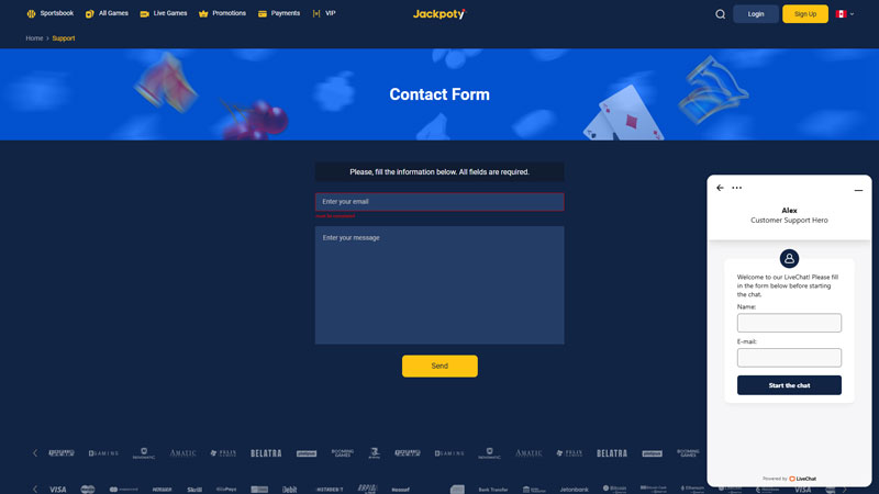 jackpoty support screenshot