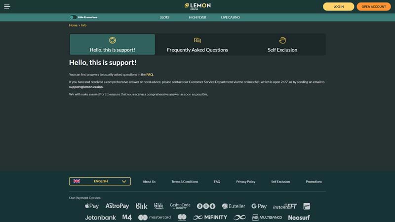 lemon-casino support screenshot