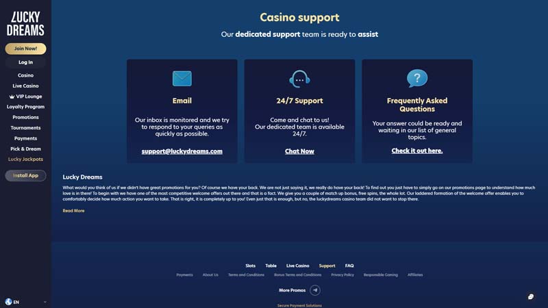 lucky-dreams support screenshot