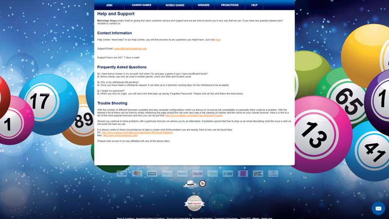 mainstage-bingo-casino support screenshot