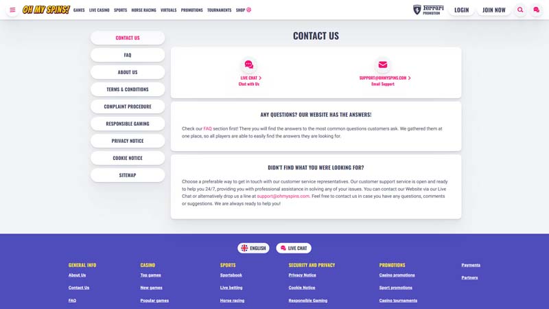 ohmyspins support screenshot
