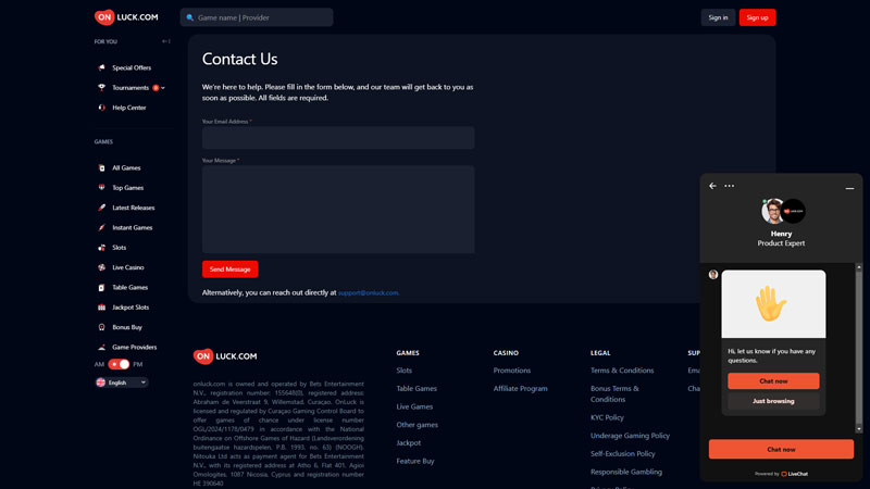 onluck support screenshot