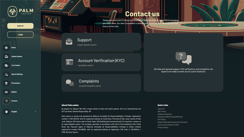 palm-casino support screenshot