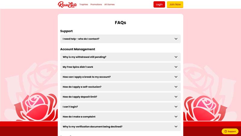 rose-slots-casino support screenshot