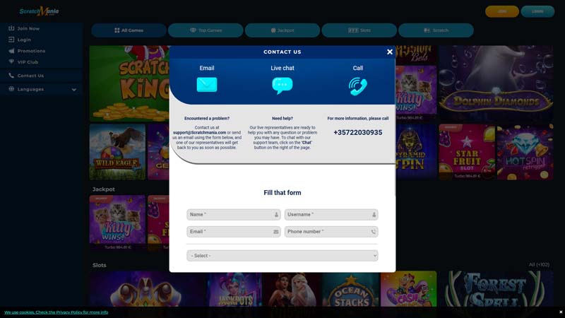 scratchmania-casino support screenshot