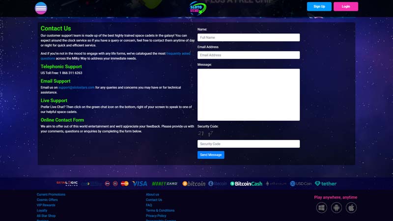 slotostars support screenshot