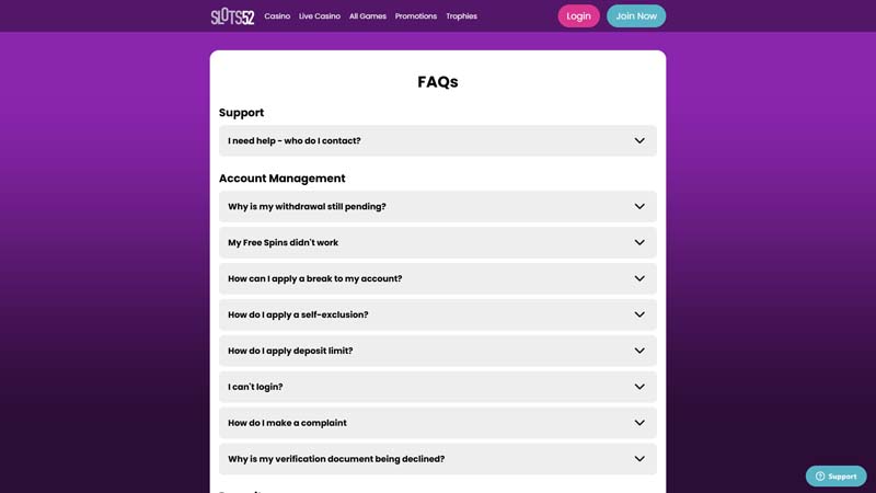 slots52 support screenshot