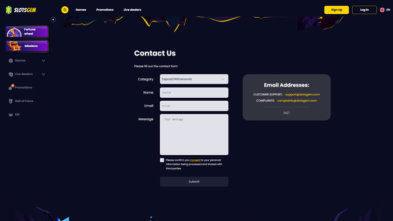 slotsgem support screenshot